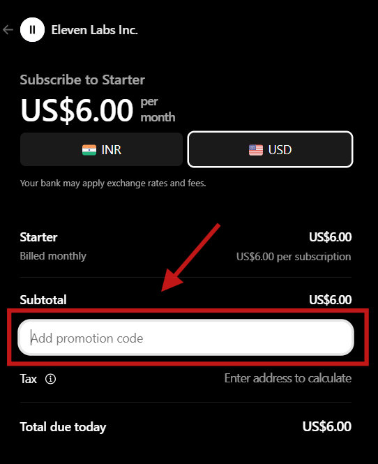 ElevenLabs promo code field
